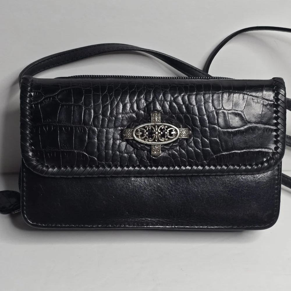 Vintage Brighton Black Croc Embossed Leather Bag Crossbody